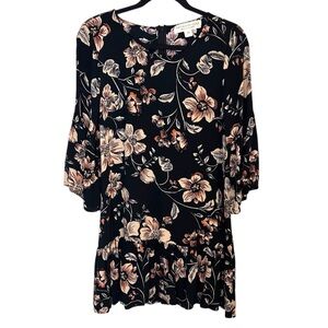 SaltwaterLUXE Black Hibiscus Bell Sleeve Ruffle Hem Mini Dress- Size Medium